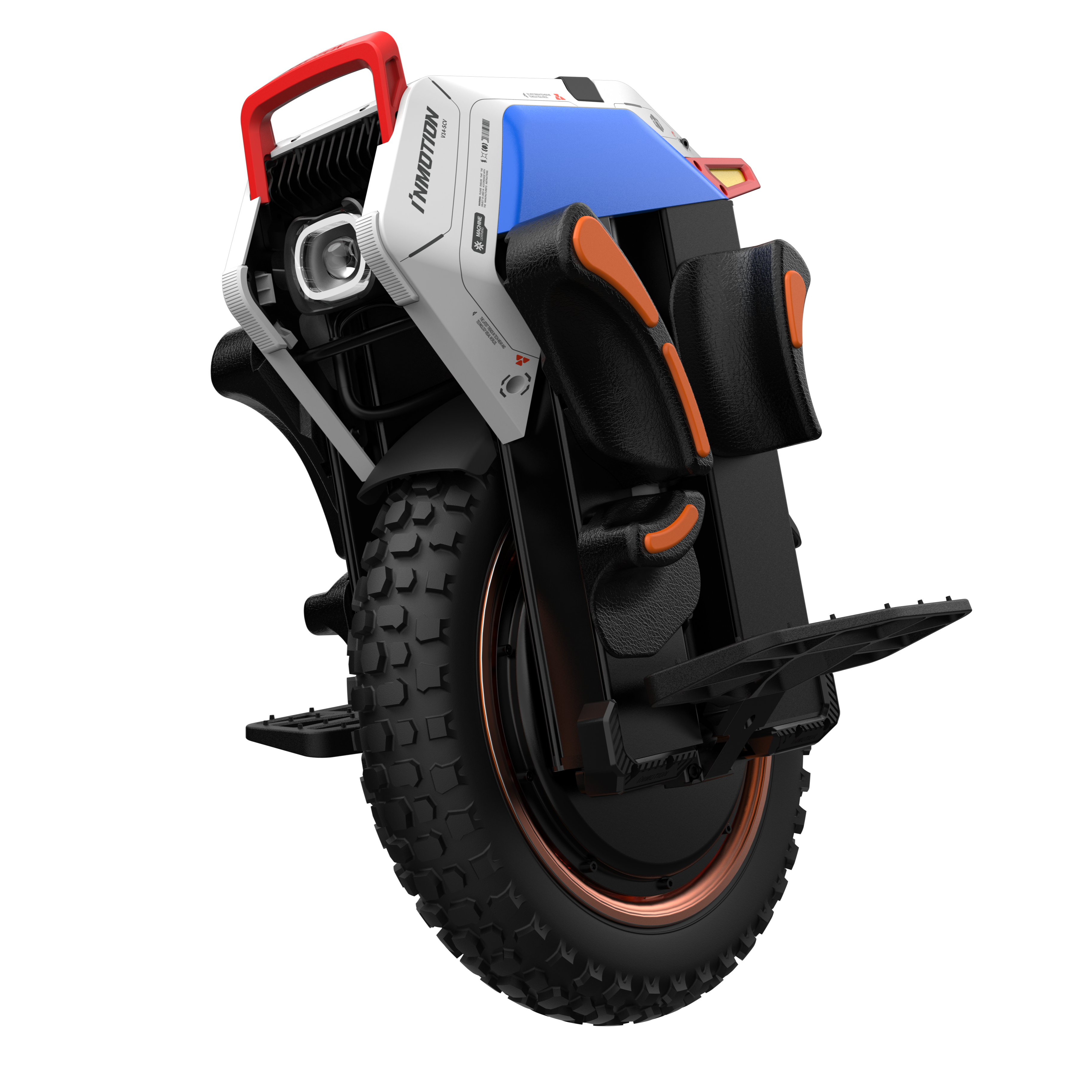 Unicycle with a black tire and colorful frame on a white background