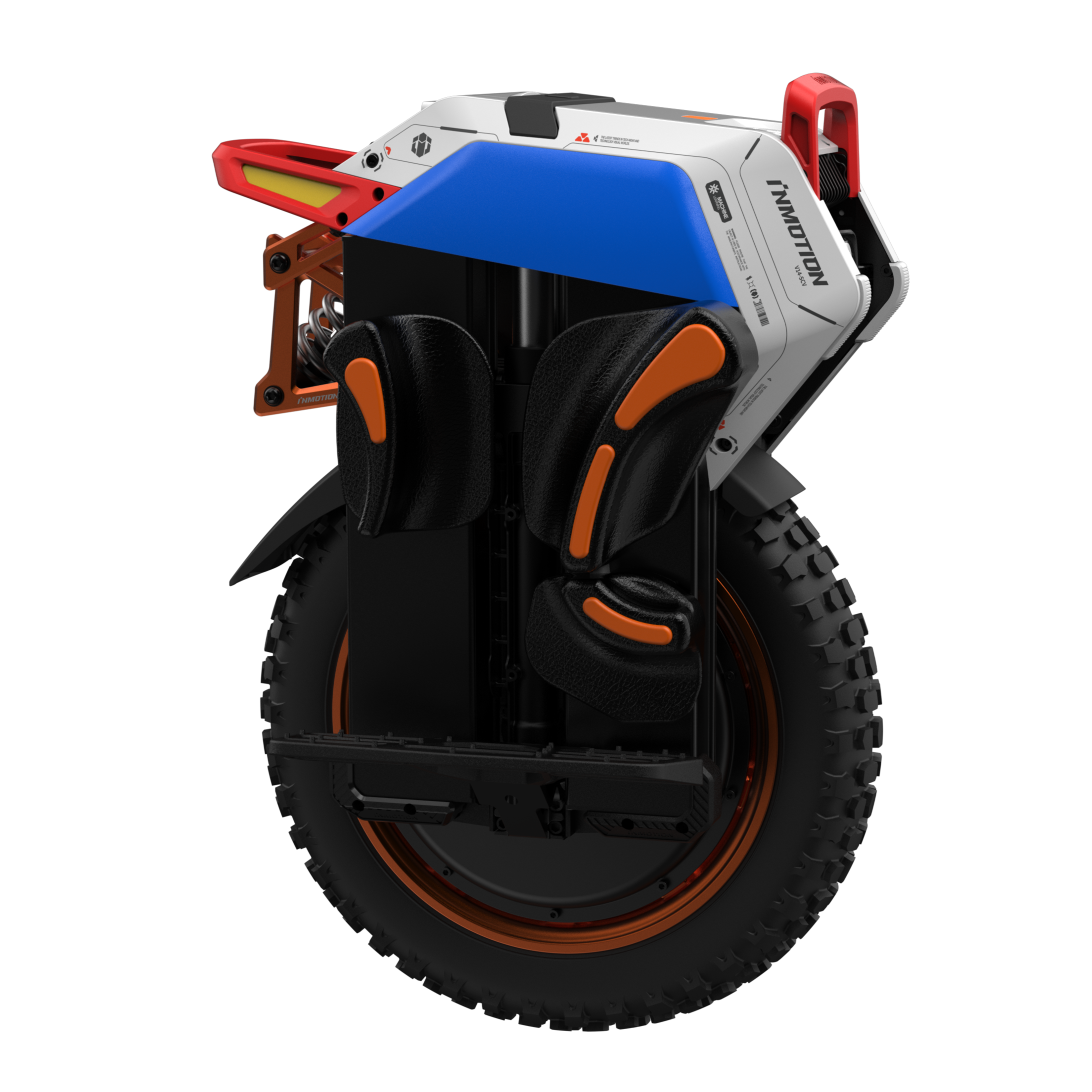 Single-wheeled self-balancing scooter with black tire and colorful frame on a white background