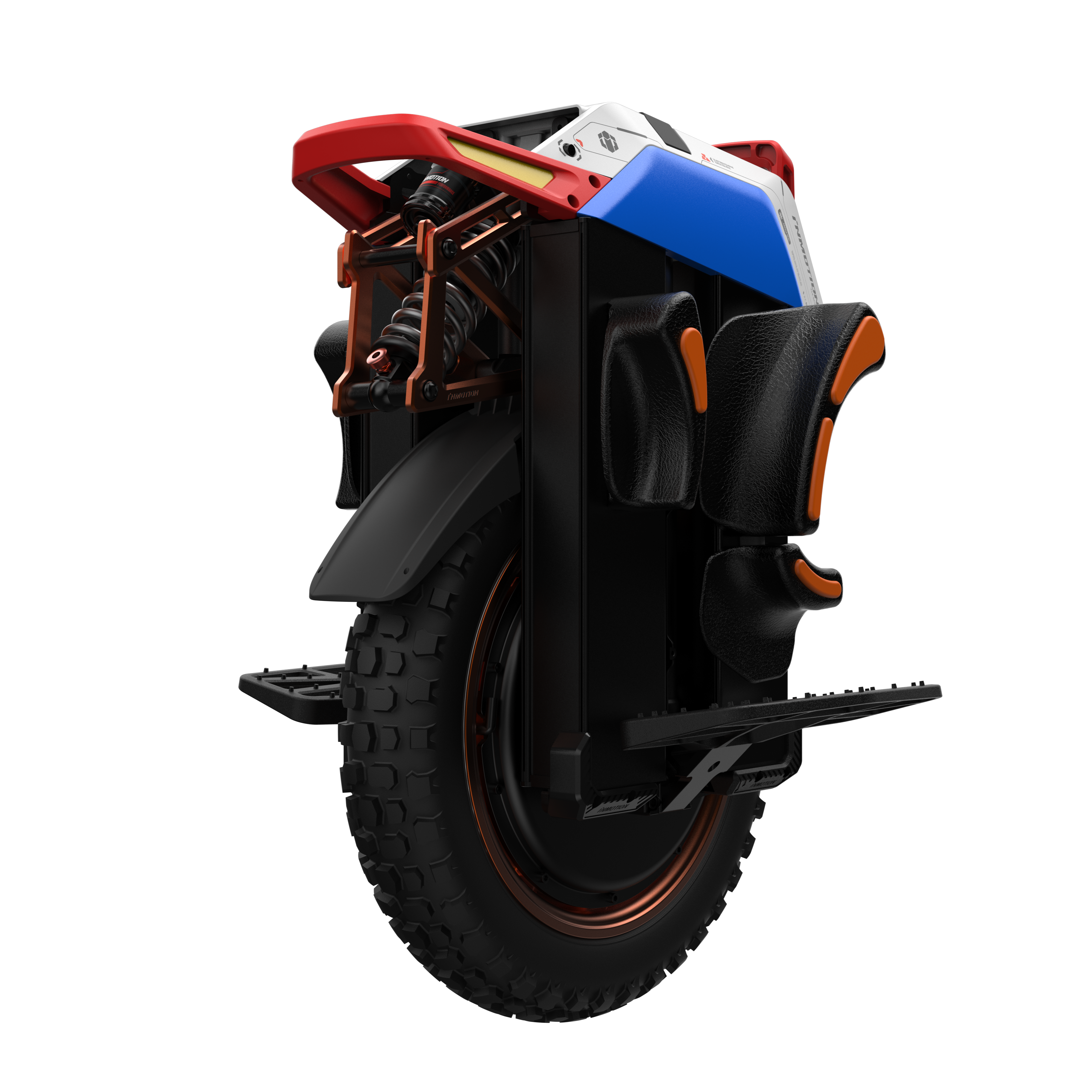 Single-wheeled electric vehicle with colorful accents on a white background