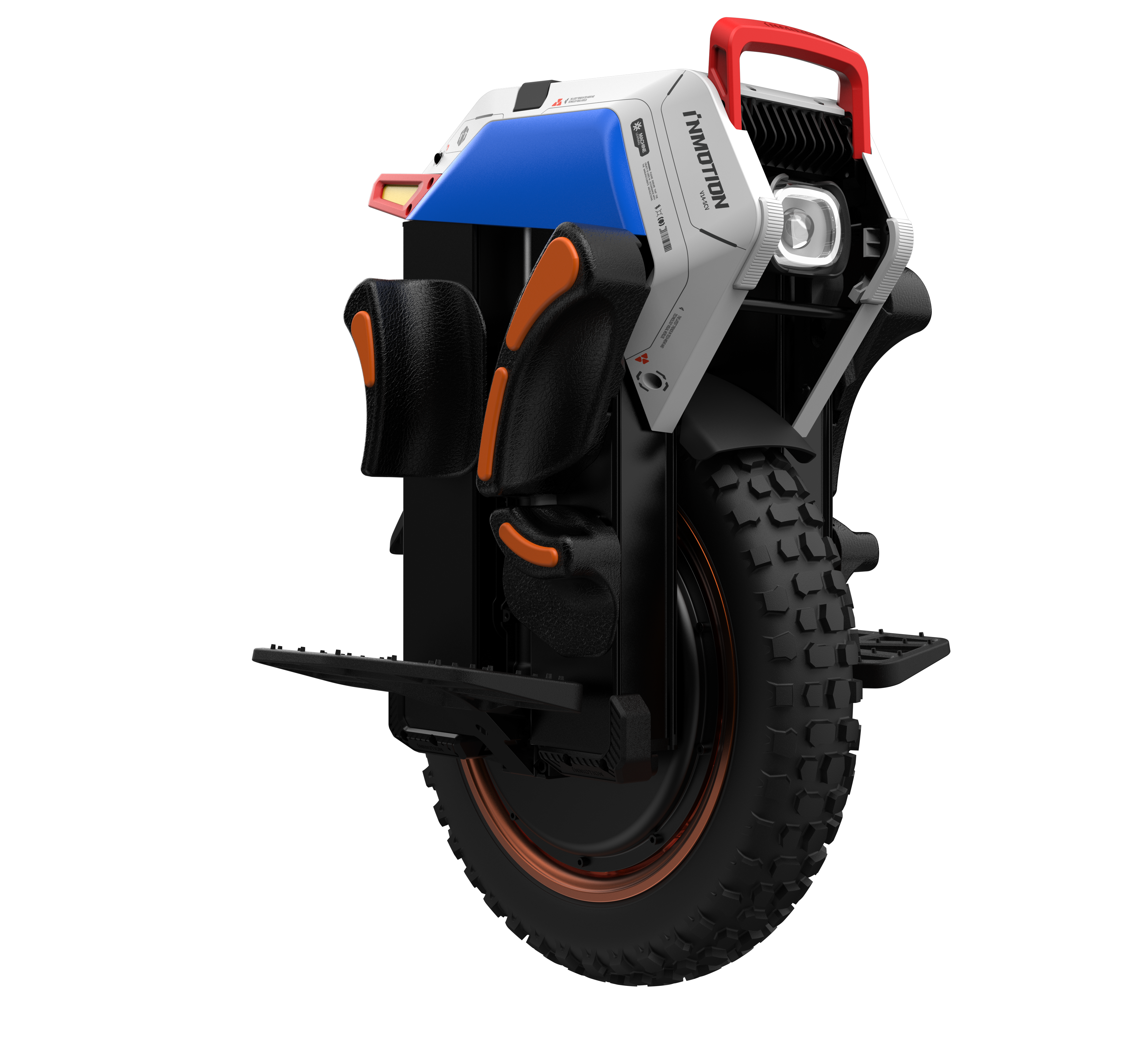 Single-wheeled electric self-balancing scooter with black tire and colorful frame on a white background