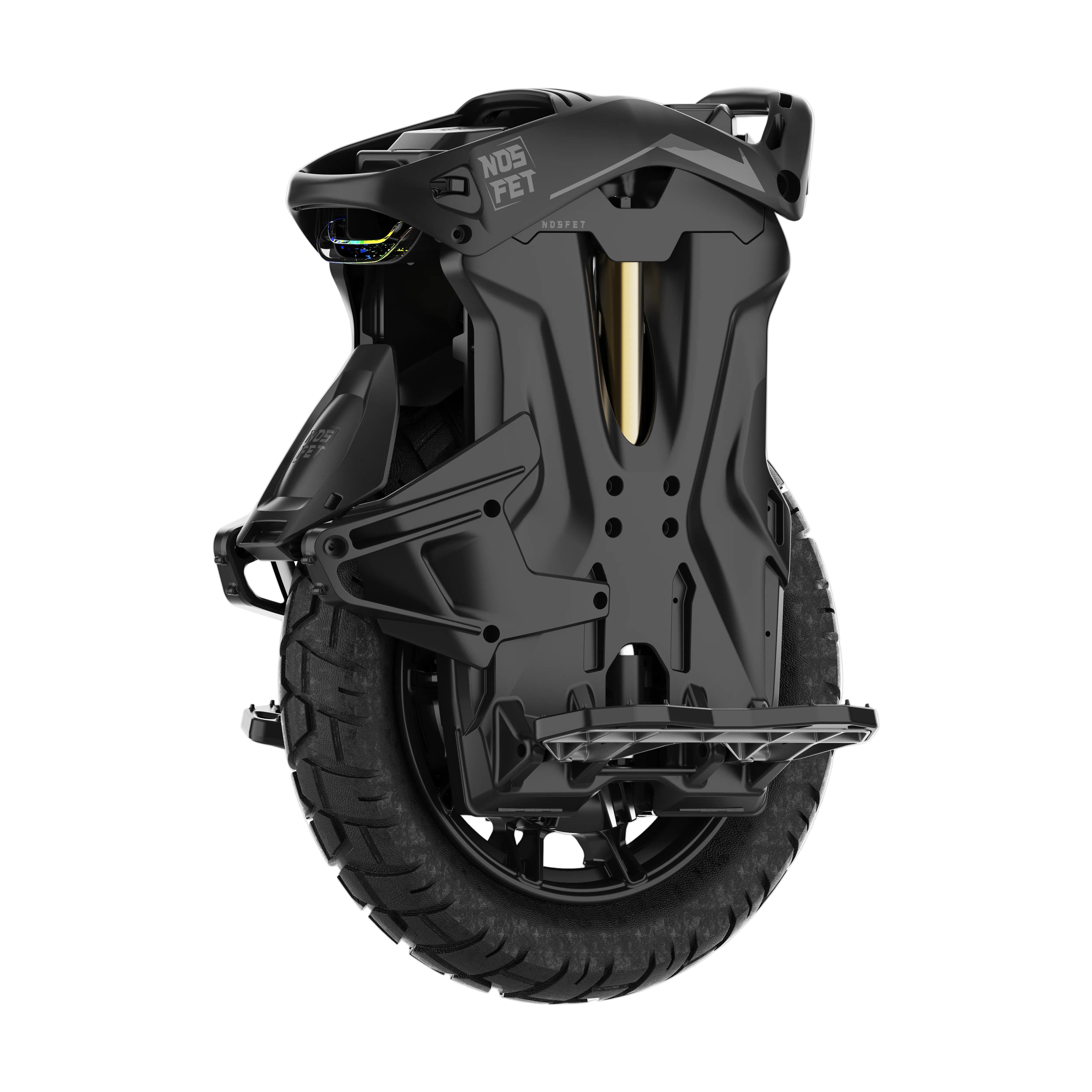 Black off-road tire with suspension system on a white background