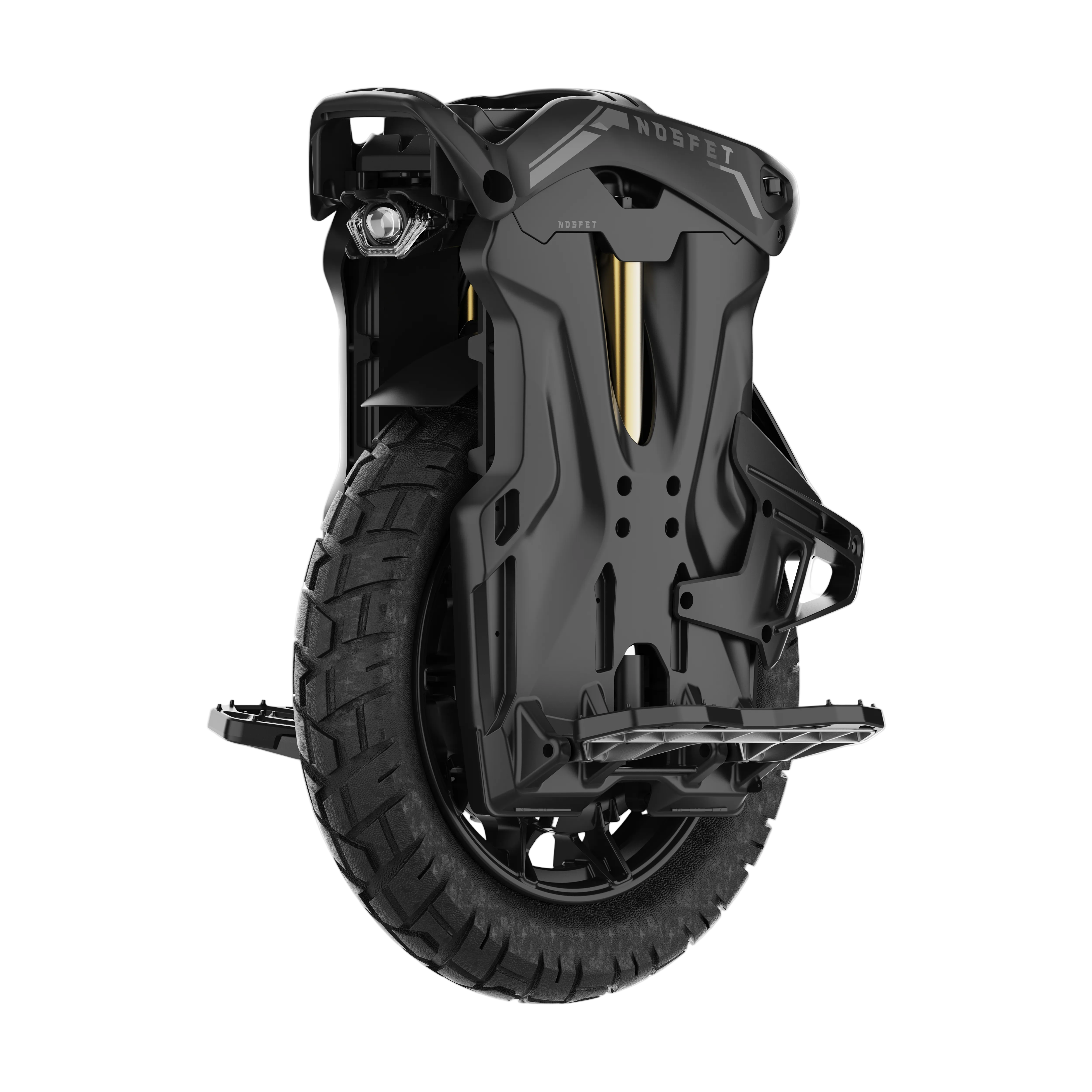 Black scooter wheel with visible branding on a white background