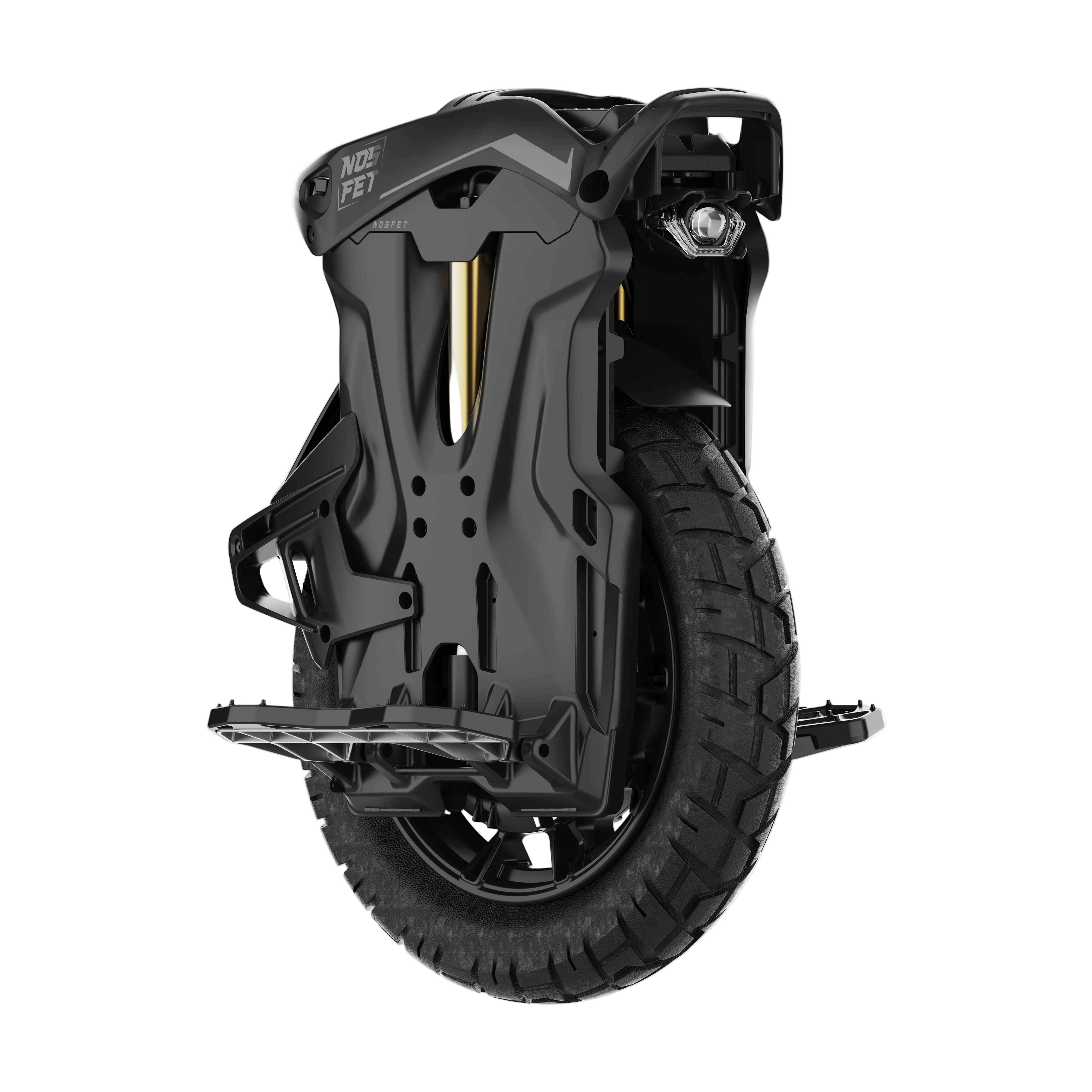 Black unicycle wheel with suspension mechanism on a white background