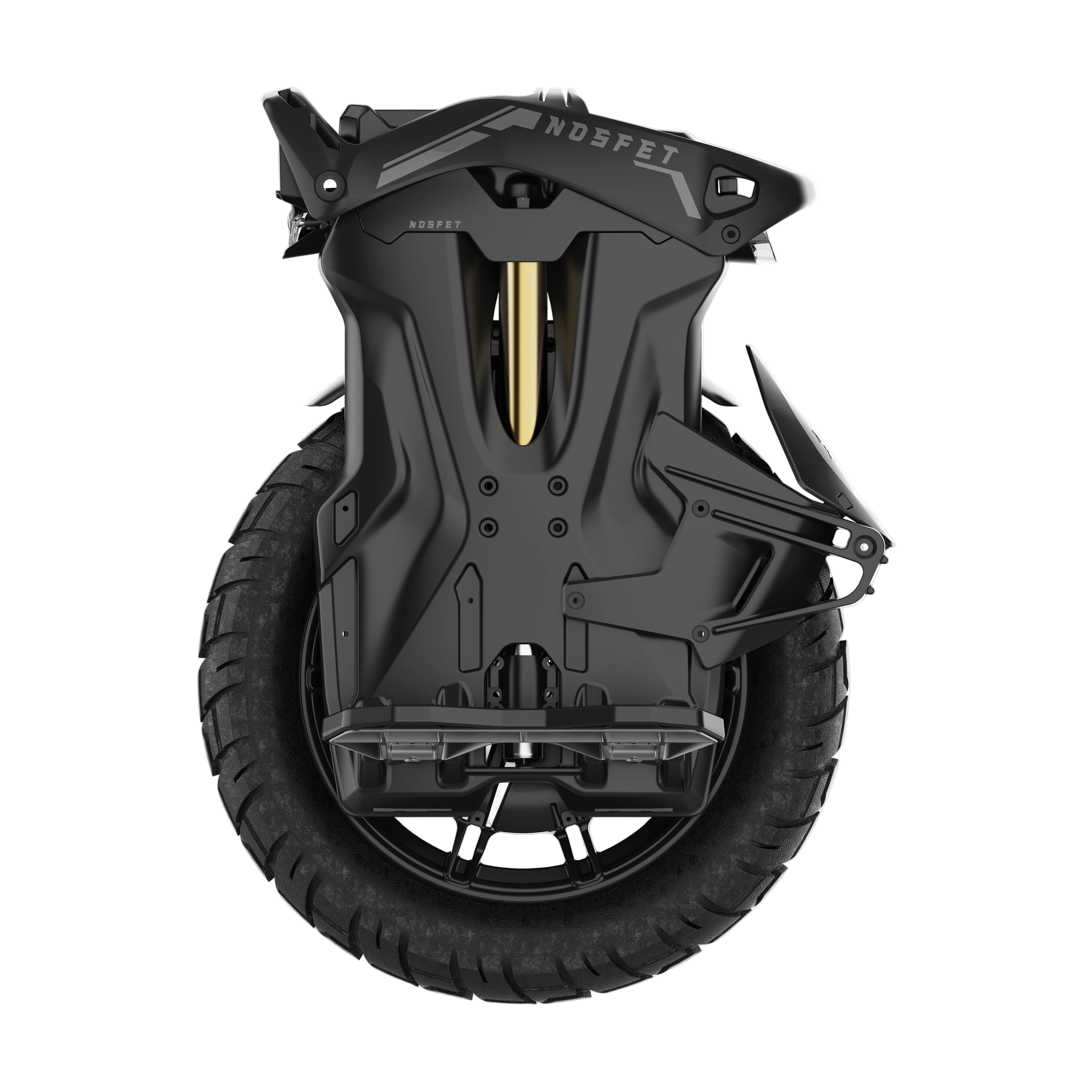 Black off-road vehicle wheel with visible branding on a white background