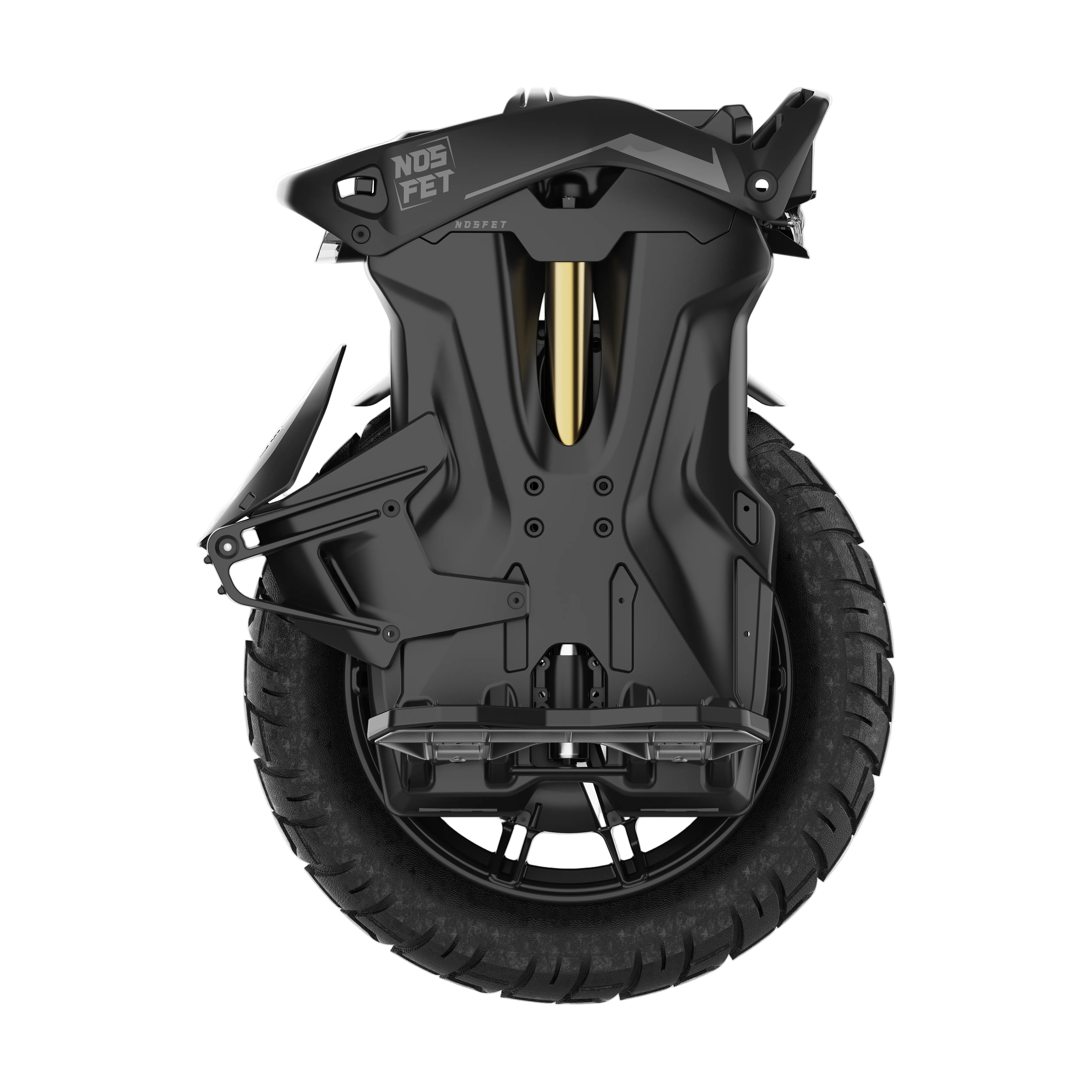 Black scooter wheel with gold accents on a white background