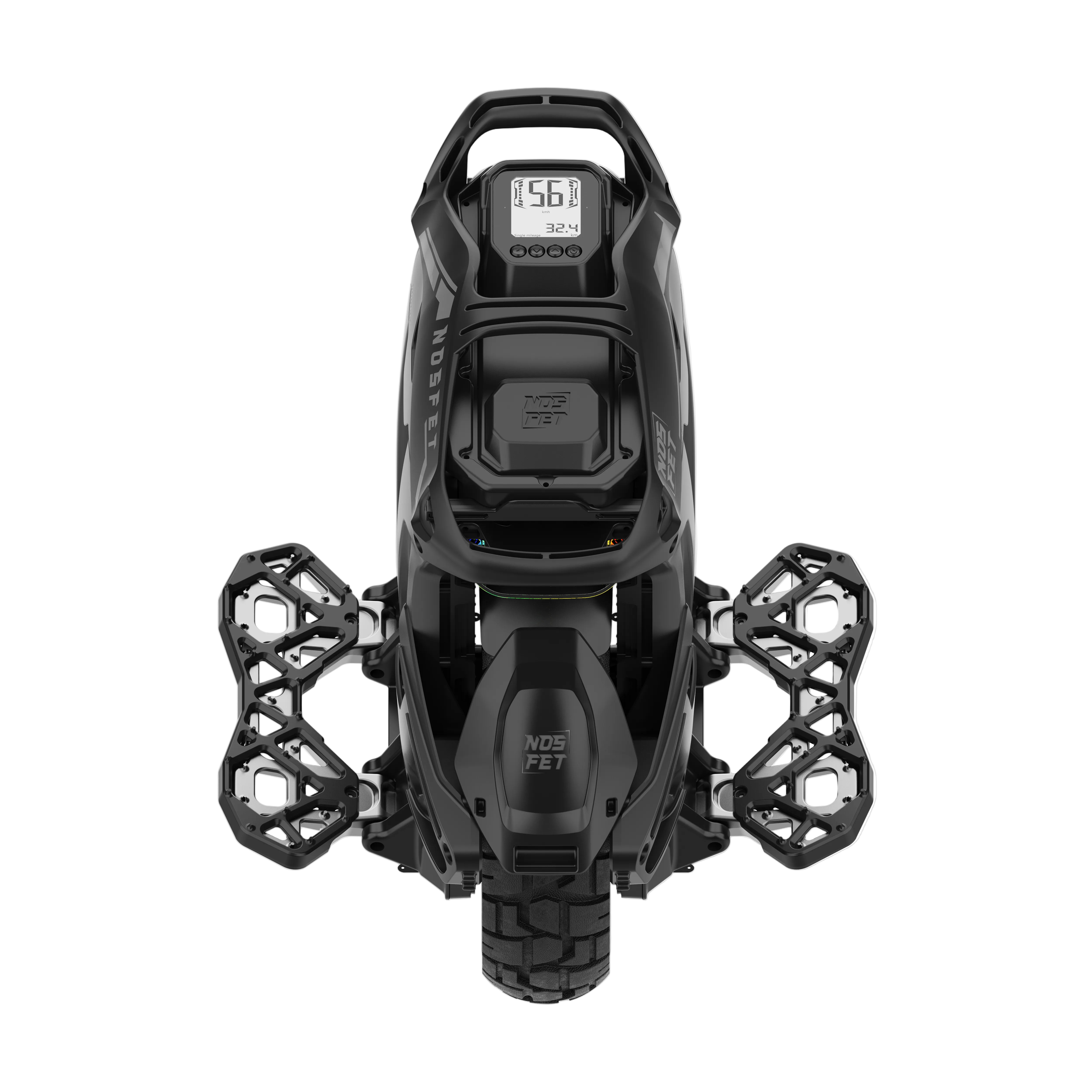 Black electric unicycle with digital display on a white background