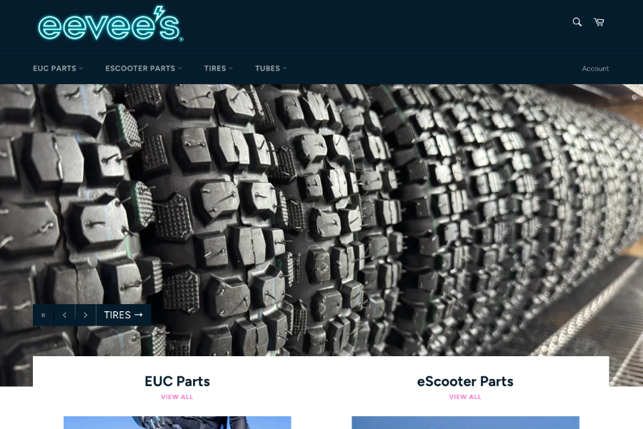 Website homepage with a focus on tires and parts, featuring the brand 'eevee's'.