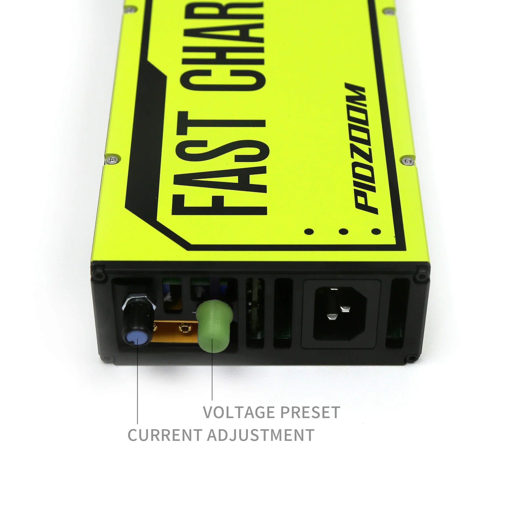 A PIDZOOM FAST CHARGER HW170W showing its voltage and current adjustment knobs alongside the AC power in port and power output