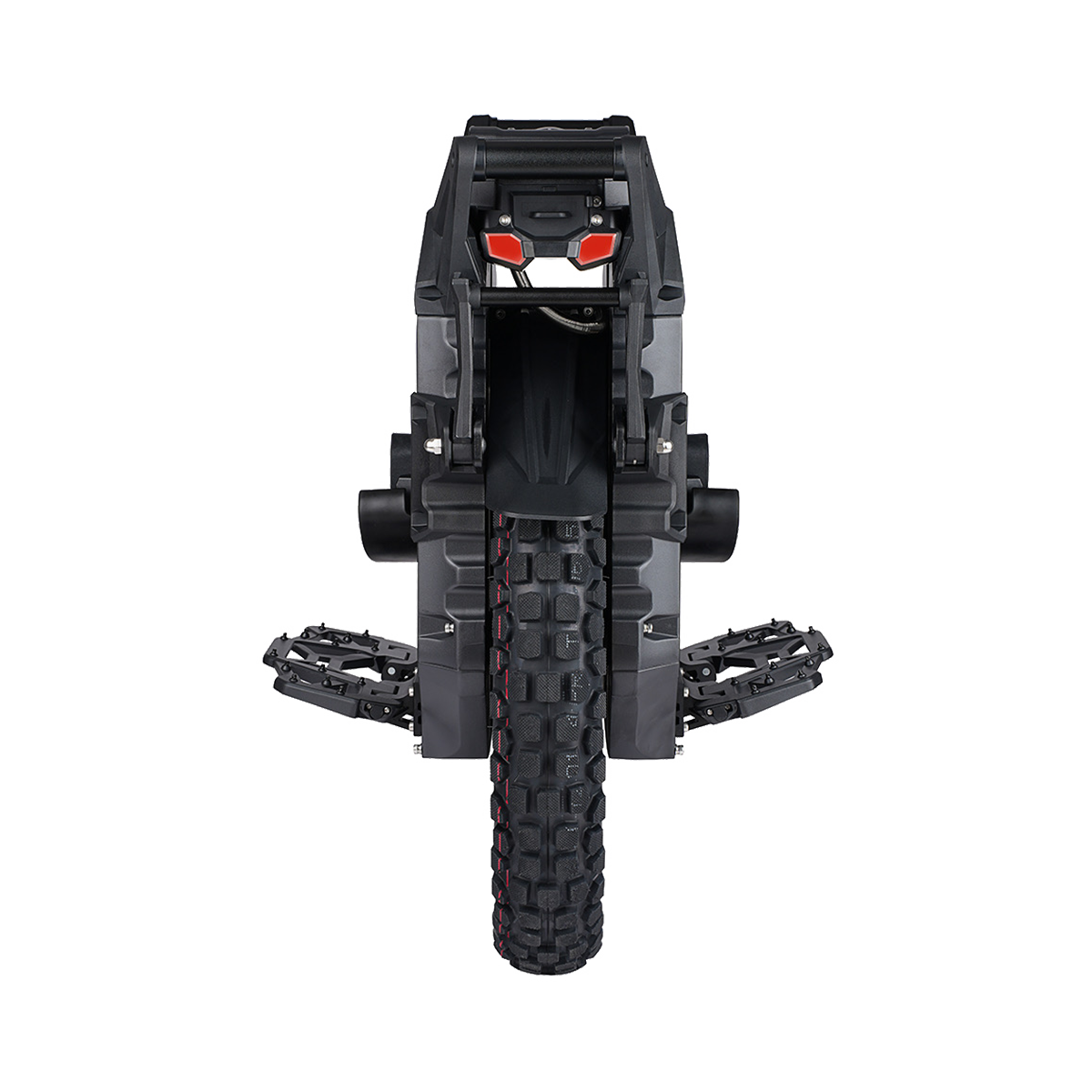Black and gray mechanical device with red lights on a white background