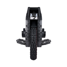 Black bicycle front wheel and suspension fork on a white background