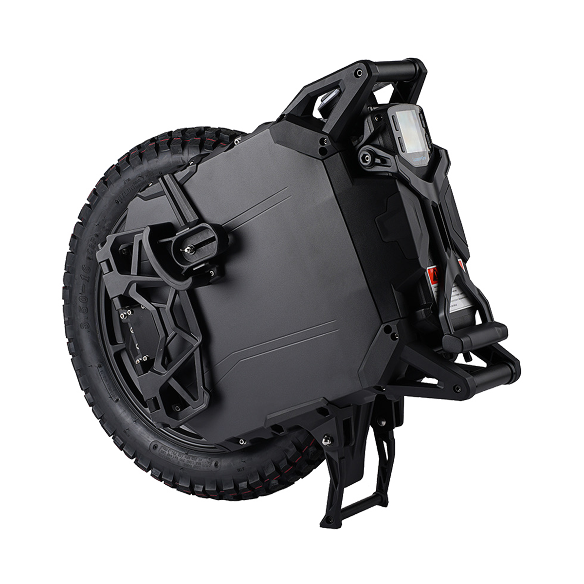 Black electric unicycle folded on a white background