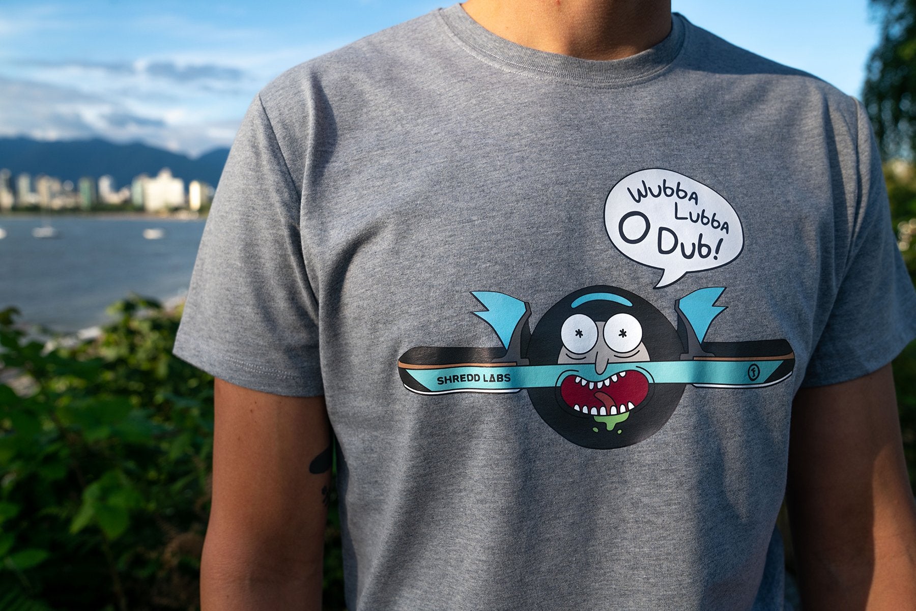 O Dub Rick! Tshirt, grey, graphic of Rick trapped inside a Onewheel, on male model