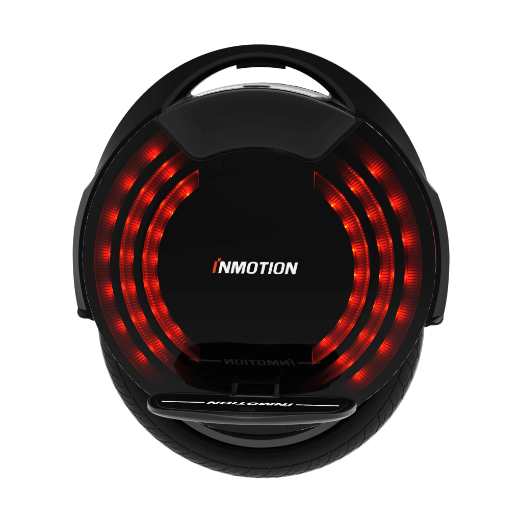 InMotion V8F Electric Unicycle, side view, red LED lights on