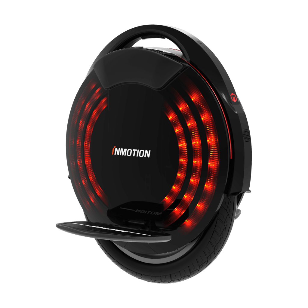 InMotion V8F Electric Unicycle rear left view, red LED lights on, footpads down