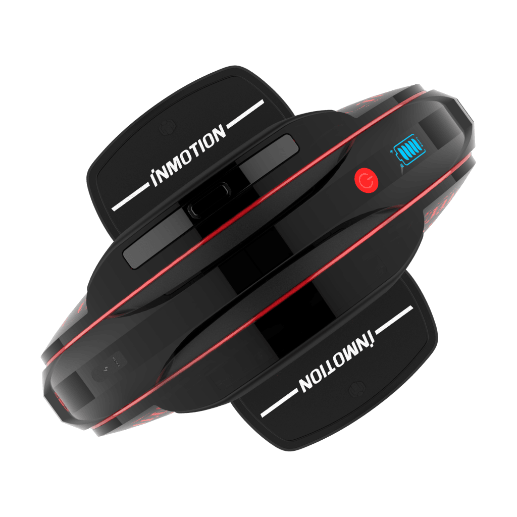 InMotion V8F Electric Unicycle overhead, footpads down, voltage meter and power button